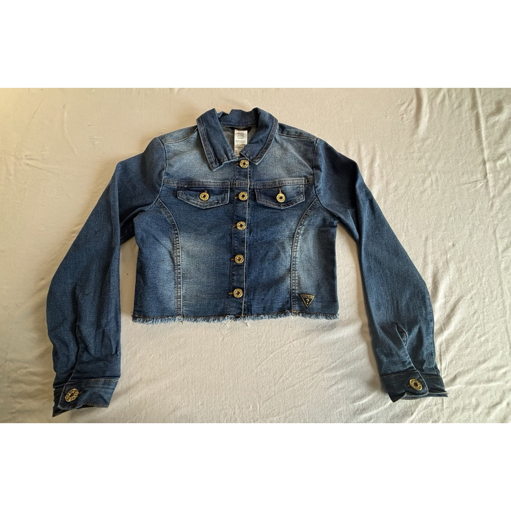 Guess Kids Medium 10/12‎ Cropped Denim Jacket Raw Hem Gold Button Blue Jean